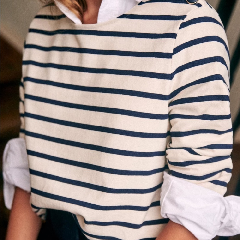 Sezane Blouse Colette Mariniere 3/4 Sleeve Shoulder Button Ecru Navy Striped